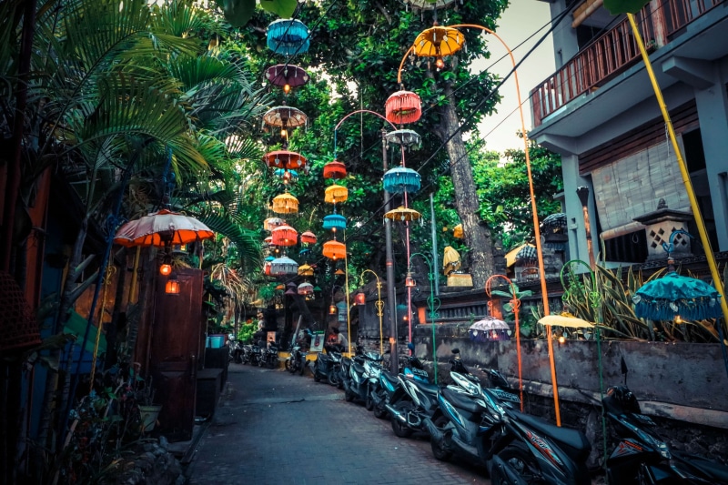 indonesia, lanscape, vacation bali, umbrella, nature, real people, building, street, design, plant, tropical climate, group of people, tree, island, lantern