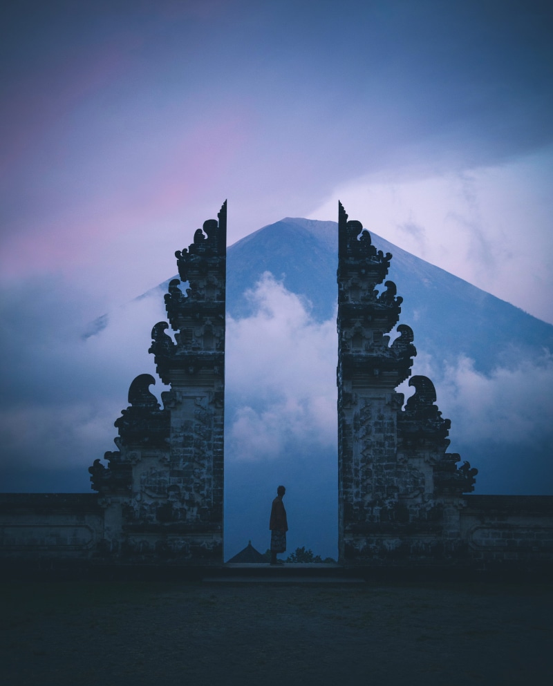 leisure activity, man, Pura Penataran Agung Lempuyang, building exterior, concrete, evening, standing, the past, built structure, sunset, night, indonesia