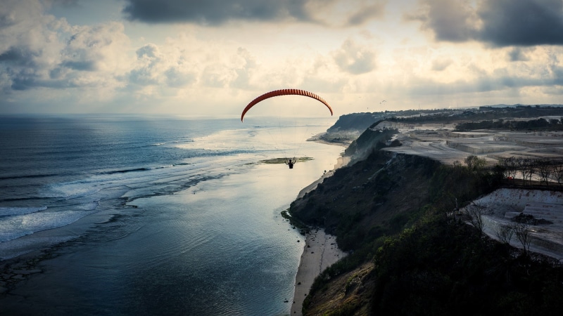 Indonesia, landscape, 1080P, Bali, sea, coast, sky, cliff, paragliding