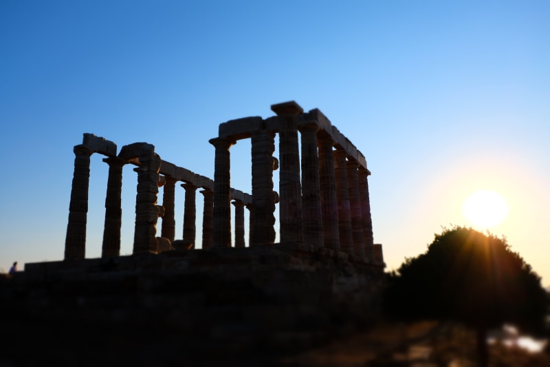 Greece, sky, outdoors, temple, old, architecture, sun, history, ancient, architectural column, religion, tourism, place of worship, 5K, low angle view