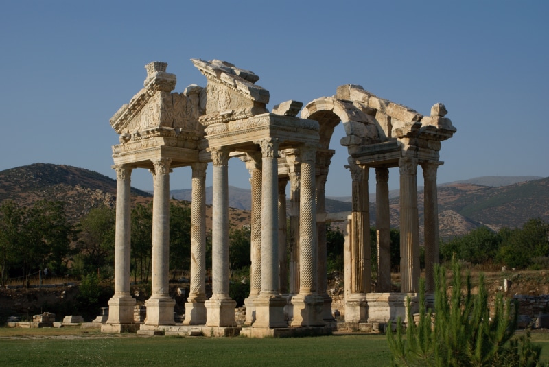 ancient civilization, archaeology, travel destinations, the Past, mountain, architecture, classical Style, clear sky, turkey, temple of aphrodite, stone Material