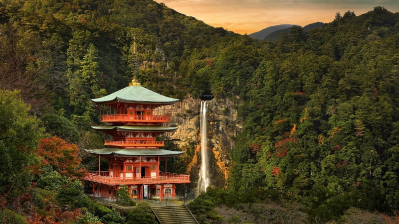 shinto shrine, japan, scenics - nature, no people, nachi falls, grand shrine, religion, growth, tranquil scene, higashimuro, forest, built structure, landscape