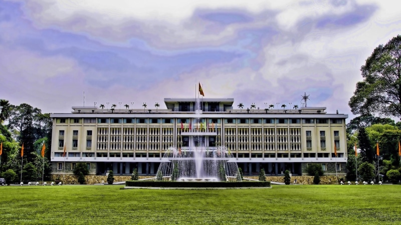 building exterior, government, built structure, day, lawn, travel destinations, water, luxury, fountain, building, nature, architecture, Independence Palace