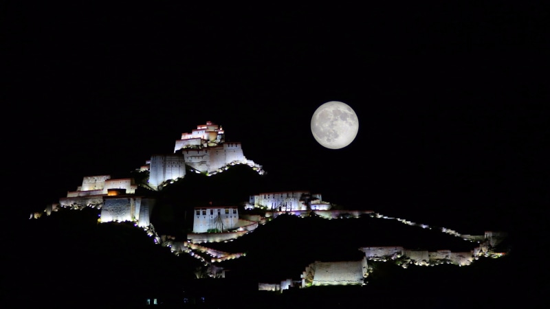 night sky, buddhism, moonlight, religion, potala palace, 4K, tibetan, lhasa, temple, moon, palace, lights, buddhist, asia, tibet, church, full moon, china