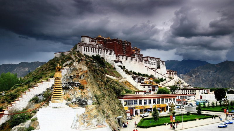 buddhist, mountain, cloud - sky, sky, asia, buddhism, dalai lama, tree, architecture, mountain range, plant, built structure, china, tibet, hill, tourism