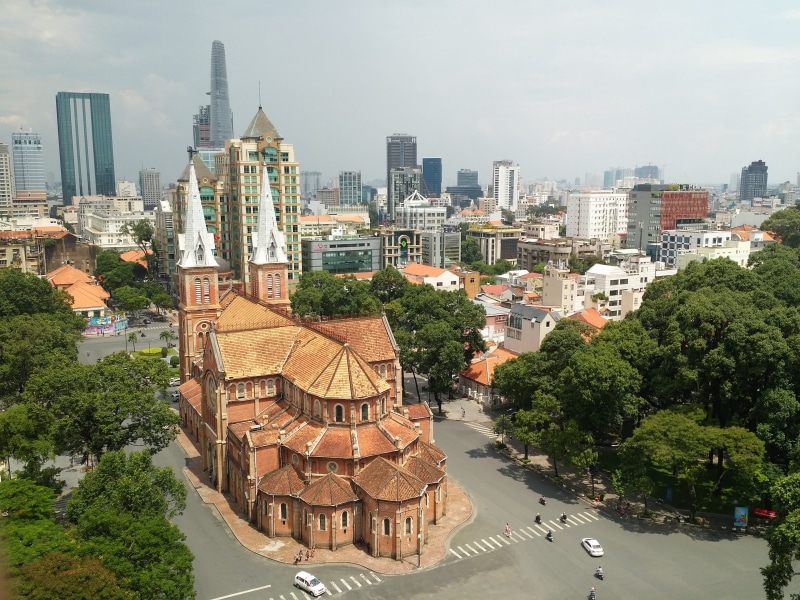 angle, people, roof, skyscraper, plant, building, roads, high, religion, belief, urban, tree, travel, church, saigon, outdoors, asia, green, building exterior