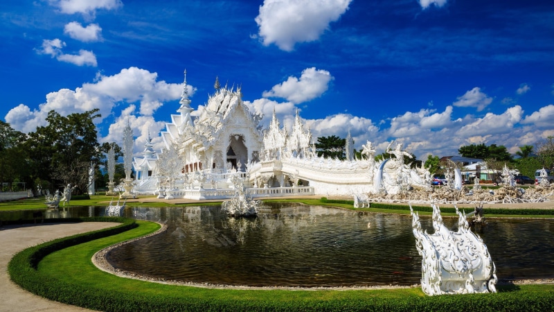 building exterior, Thailand, travel, fountain, the past, history, Wat Rong Khun, lake, tourism, built structure, city, water, tree, white, plant, spraying