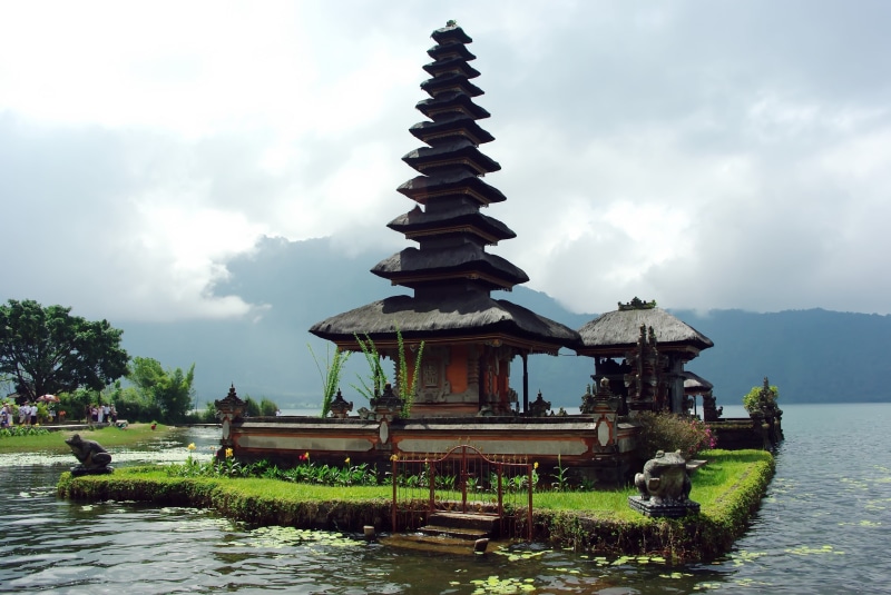 outdoors, buddhism, bali, belief, water, pagoda, surrounded, sky, religious, building, ulun danu, no people, place of worship, spirituality, day, travel
