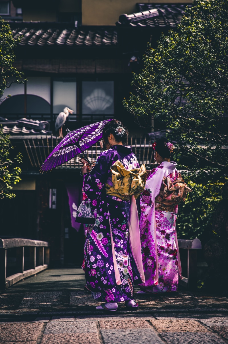 built structure, two, kyoto Prefecture, geisha in Training, full length, standing, gion, pink, walking, religion, people, lifestyles, pathway, purple, kyoto City