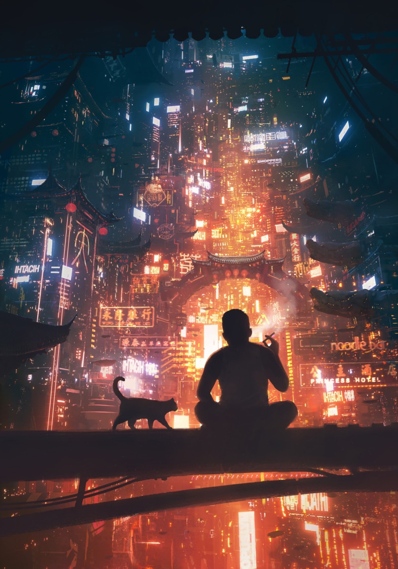 daniel liang, China, cyberpunk, Asian Architecture, cat, cigarettes, city, 2K