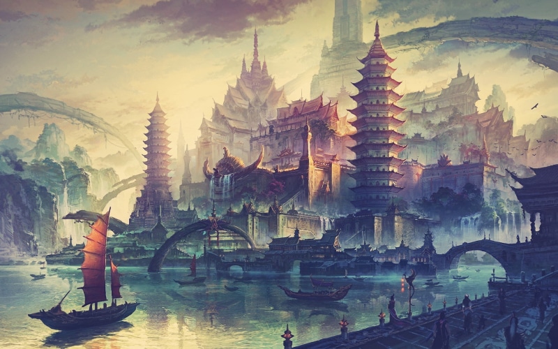 ancient, China Town, boat, drawing, artwork, fantasy art, Asian architecture, 1080P, fantasy city