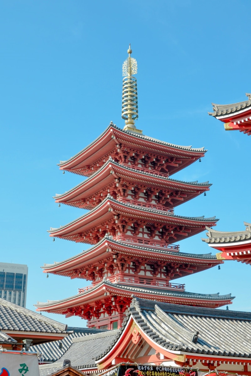 tokyo, senso-ji, city, japan, buddhist, tower, sky, nature, office building exterior, skyscraper, blue, 1080P, religion, red, no people, japanese, buddhism