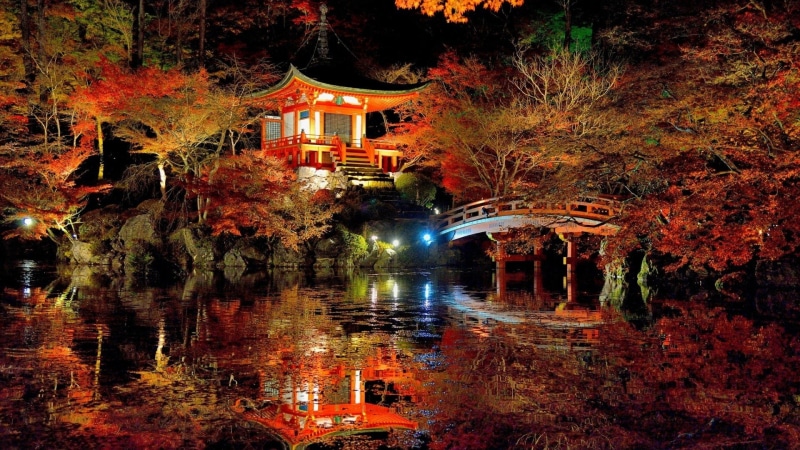 Japanese Garden, Pond, Temples, Fall, Reflection, 1080P, Tree, Daigo-ji, Pagoda