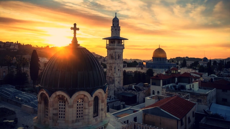 cityscape, history, no people, city, orange color, Dome of the Rock, sunset, architecture, 1080P, sun, place of worship, cross, tourism, belief, Jerusalem
