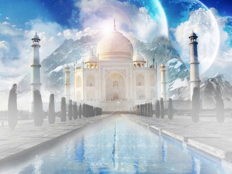 720P, architectural column, city, reflection, tourism, reflecting pool, blue, religion, sky, Taj Mahal, dome, mahal, built structure, water, building exterior