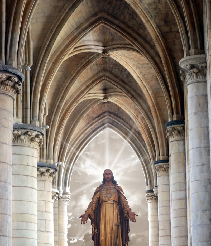 figure, enlightenment, arch, cross, church window, catholic, christianity, christian, symbol, day, art and craft, belief, holy, architectural column, gothic style