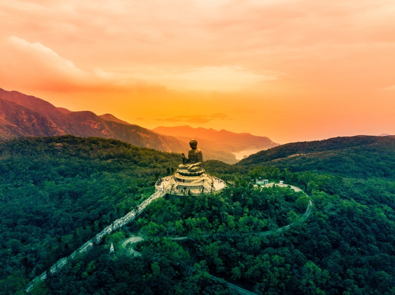 center, environment, beauty in nature, sunset, religion, tranquil scene, land, mountain, scenics - nature, plant, buddha, landscape, hong kong, worship
