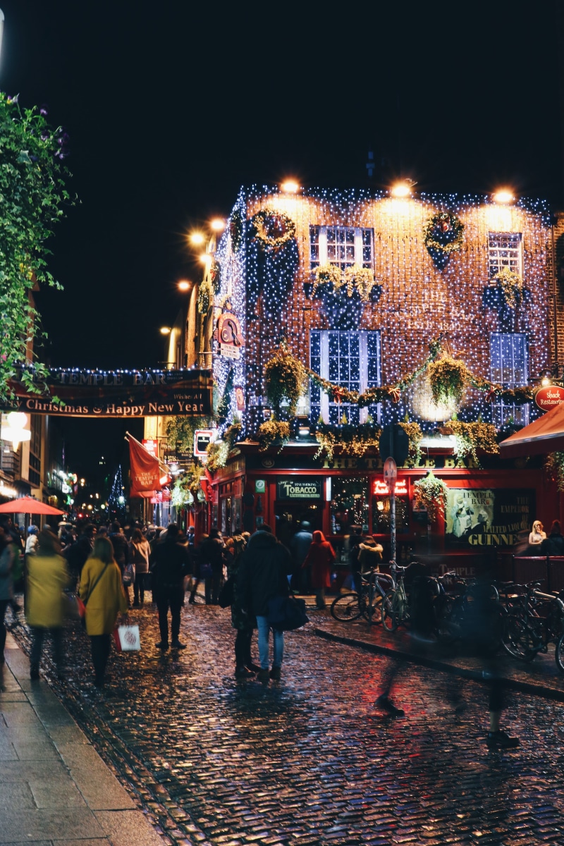 built structure, night, cafe, crowd, lifestyles, bar, christmas, market, road, street, christmas light, ireland, illuminated, christmas decoration, women