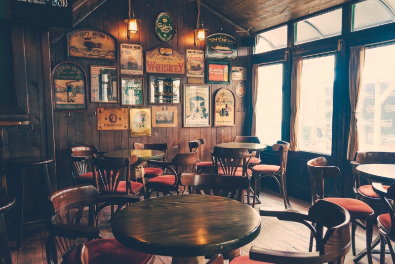 cafeteria, bar counter, day, rustic, coffee shop, empty, indoors, inside, chair, wood - material, no people, glass, poster, dining, bar, sunlight, area