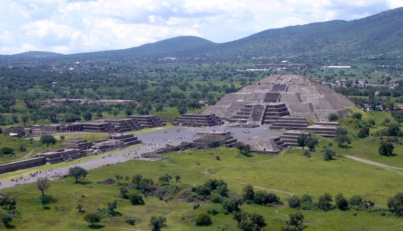 tourism, public domain, landscapes, tree, moon, built structure, field, mountain, plant, nature, Mexico, no people, temple of the moon, archaeology, green Color
