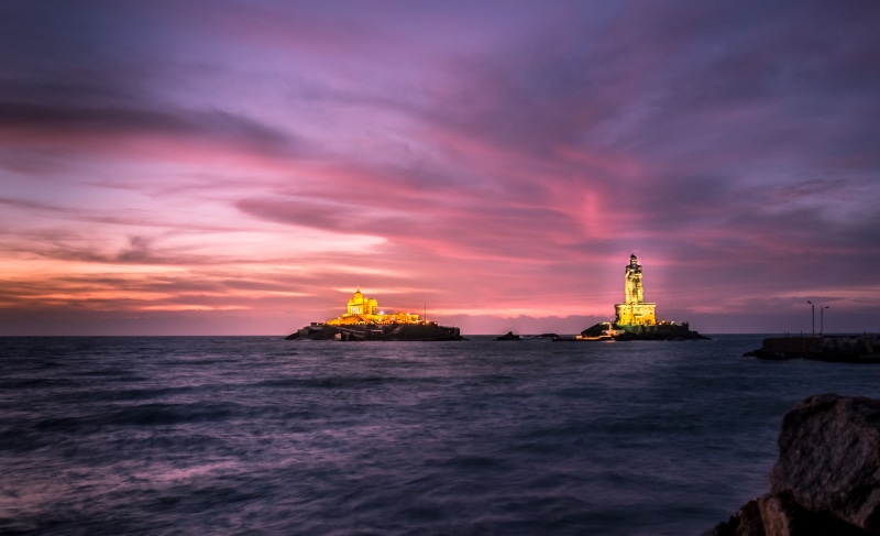 4K, middle, Tamil  Nadu, night, clouds, water, lighthouse, Sunrise, two, buildings, sunset, Sea, sky, body of water, India, body, Kanyakumari