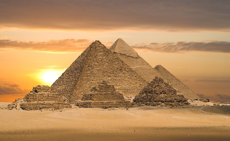 ancient civilization, outdoors, egyptian, pyramid of menkaure, Africa, archaeology, africa, Egypt, egyptian pyramids, orange color, architecture, land