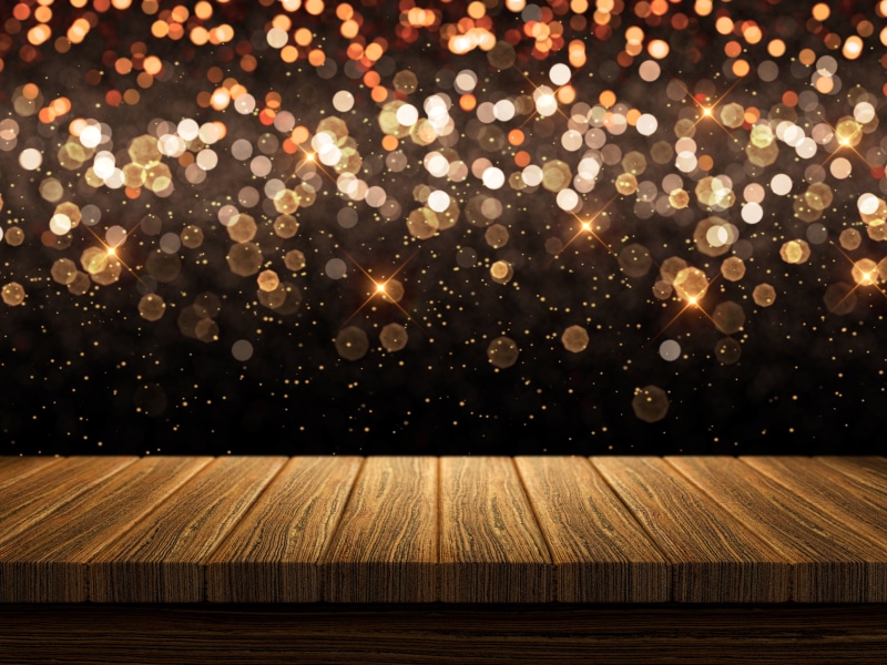 Board, new year, 5K, sparkle, gold, background, celebration, golden, bokeh, wood
