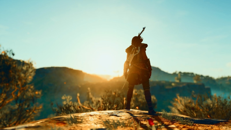 beauty in nature, sky, lens flare, scenics - nature, men, land, lifestyles, nature, one person, Kassandra, tree, day, Assassins Creed, outdoors, clear sky