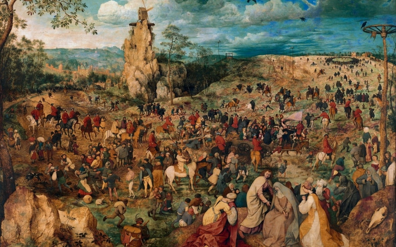 men, classic art, rock - object, group of people, day, travel, solid, Pieter Bruegel , rock, real people, painting, history, nature, 720P, large group of people