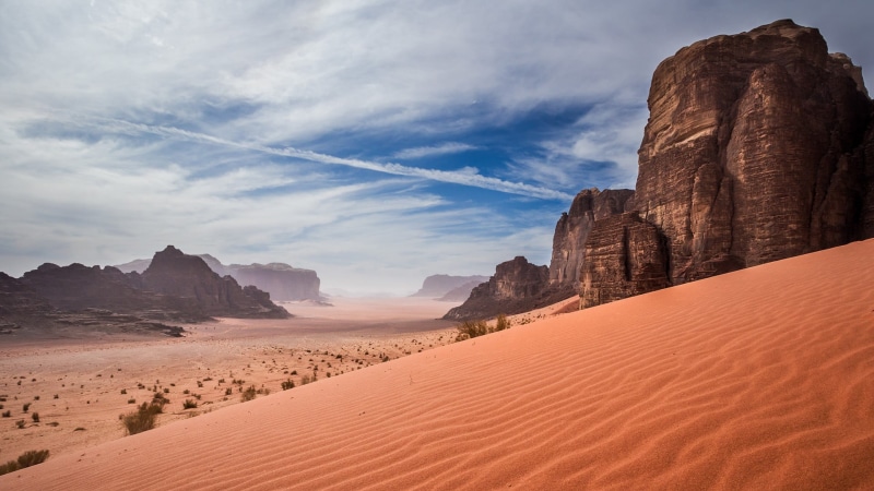 desert, clouds, rocks, sand, nature, plants, 1080P, mountains, Jordan (country), landscape, Wadi Rum, dunes