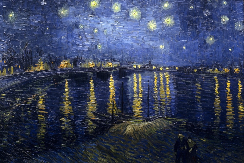 architecture, outdoors, water, blue, built structure, rippled, waterfront, painting, high angle view, 1080P, stars, classic art, beauty in nature, no people