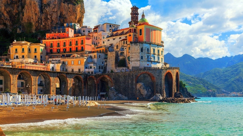 mountains, nature, Italy, cloud - sky, water, beach, coast, old building, 1080P, outdoors, holiday, tourism, arch bridge, architecture, sky, travel destinations