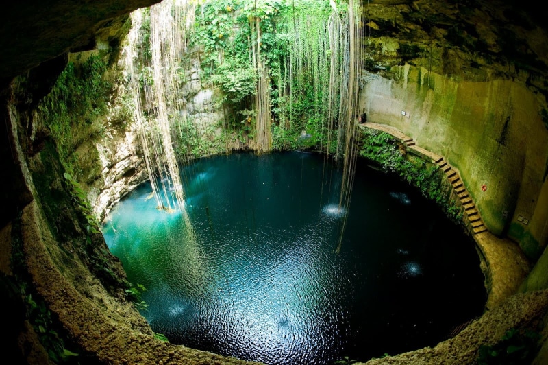 architecture, flowing water, circle, plant, cave, scenics - nature, day, 720P, pit, no people, water, outdoors, scuba diving, reflection, flowing, waterfall