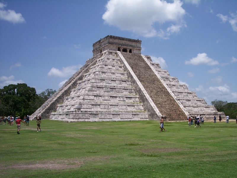 landmark, travel destinations, built structure, tourism, yucatan, mayan, ancient, concrete, history, grass, visit, sky, ruin, nature, chichen, stone, outdoors