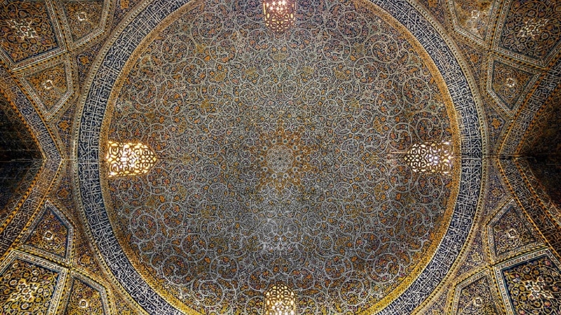 mural, indoors, directly below, belief, pattern, travel destinations, decoration, seyyed mosque, iran, floral pattern, ornate, creativity, no people, 1080P