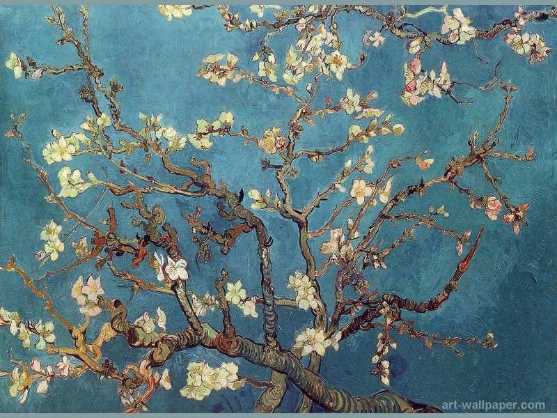 classic art, Vincent van Gogh, backgrounds, beauty in nature, day, branch, painting, tree, blue, close-up, flowering, blossoms, plant, wall - building feature