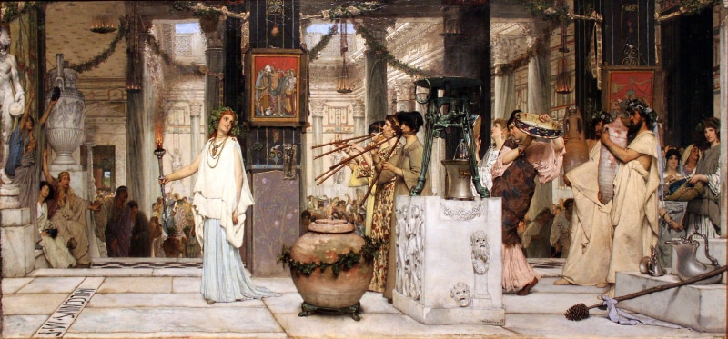 women, religion, classic art, the past, human representation, history, place of worship, belief, architecture, built structure, male likeness, 1080P, Lawrence Alma-Tadema