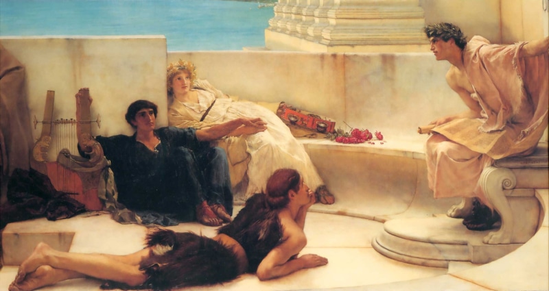 mammal, pet owner, adult, couple - relationship, Greece, Lawrence Alma-Tadema, 1800s, domestic animals, women, men, 1080P, pets, one animal, people, indoors