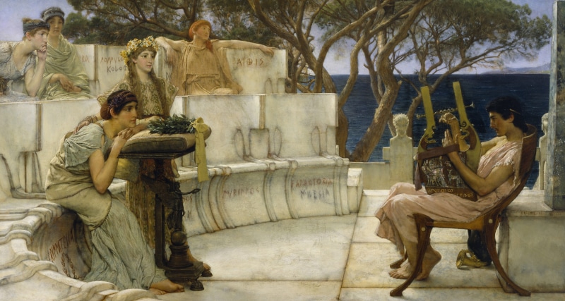 Lawrence Alma-Tadema, Sappho and Alcaeus, picture, music, mythology, 5K