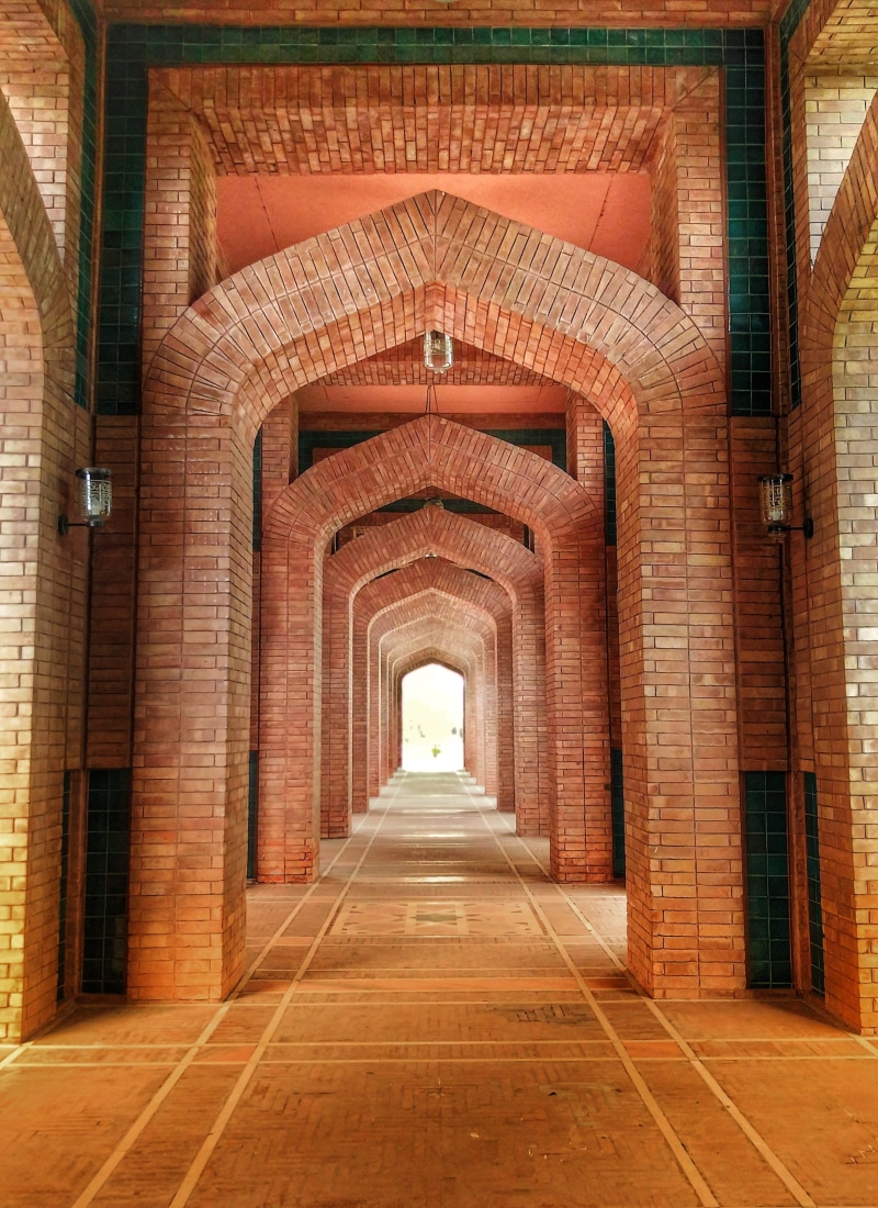tunnel, the way forward, building, lahore, indoors, illuminated, long, grand jamia masjid, brick, day, vanishing point, lighting equipment, in a row, architecture