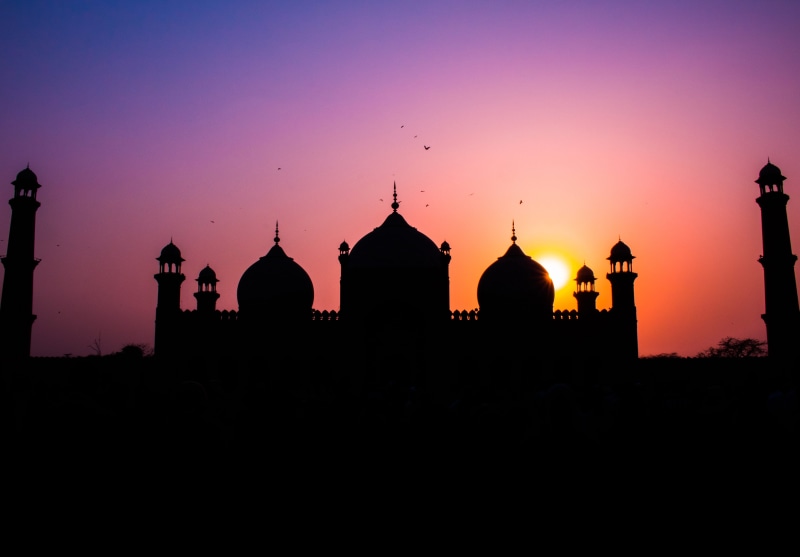built structure, exterior, mosque, belief, orange color, city, islamicarchitecture, architecture, nature, sun, badshahimosque, engineering, badshahi mosque