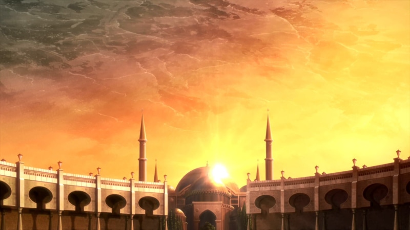 sunlight, white, cloud - sky, place of worship, city, sunset, no people, sky, architecture, mosque, built structure, digital art, building exterior, orange color