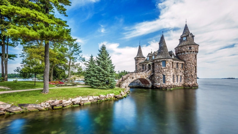 the past, flowers, architecture, nature, Boldt Castle, waterfront, no people, path, cloud - sky, stones, tree, abbey, brown, landscape, USA, plant, water