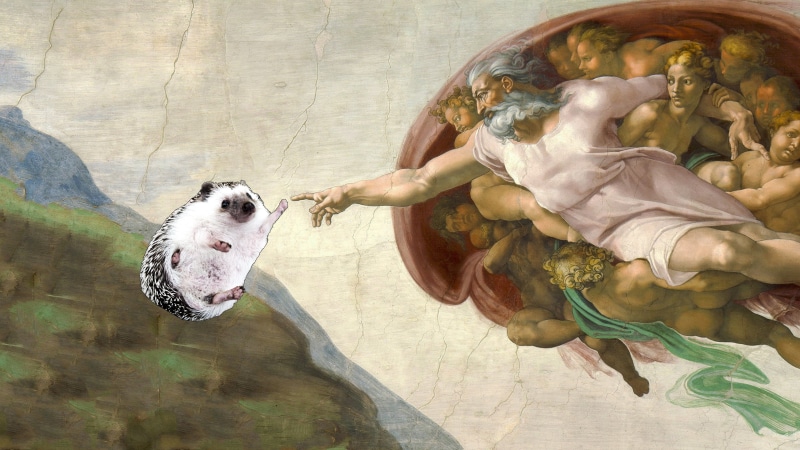 hedgehog, The Creation of Adam, Michelangelo, 4K, classical art, 4K, humor