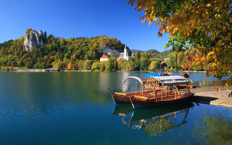 castle, hd, bled, slovenia, boats, lake, island, church, autumn, leaves, desktop, yellow, 4K