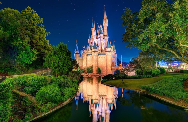 old, architecture, famous Place, gothic Style, USA, lake, 1080P, dusk, night, Disneyland, tree, building Exterior, trees, river, cultures, medieval, religion