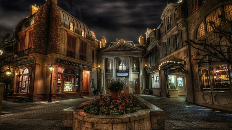 art and craft, france pavilion, city, statue, tourism, illuminated, disneyland park, sky, dusk, architecture, night, darkness, outdoors, the past, sculpture