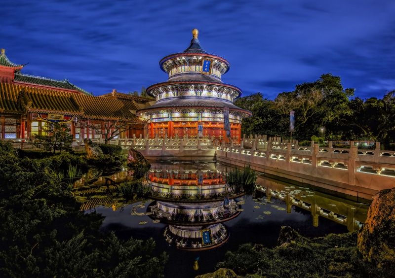 Epcot, Temple Of Heaven, bridge, pond, China Pavilion, Orlando, The Chinese pavilion, Florida, Walt Disney World, FL, 5K, reflection, Park, Disney World