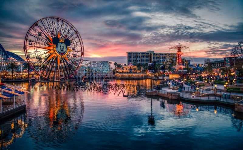 Disney, mouse, disneysunset, 5K, nautical vessel, cloud - sky, arts culture and entertainment, outdoors, californiaadventure, illuminated, fun, Dusk, built structure