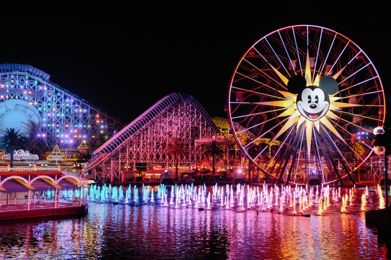 nature, amusement park, roller coaster, anaheim, built structure, amusement park ride, nightlife, light show, disney, neon, daisy, no people, california